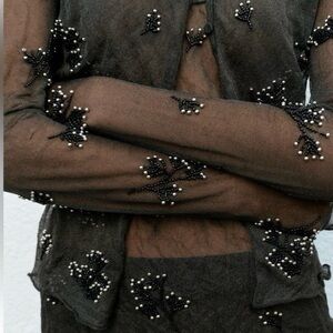 Zara Black SEMI-SHEER WRINKLE EFFECT BEADED CARDIGAN. Size Small